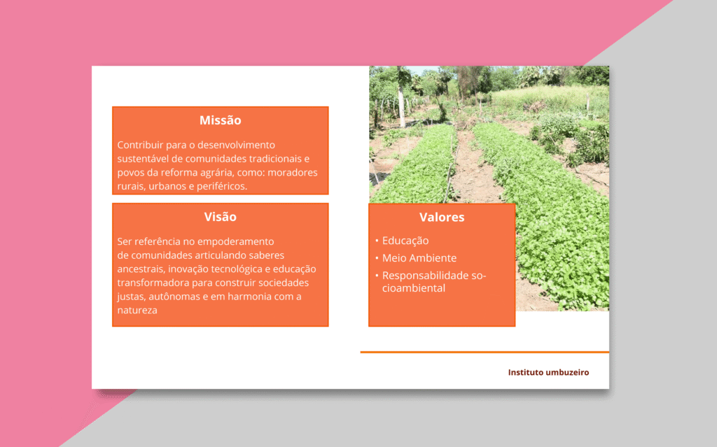 Uma dos templates usados nas apresentações: mostrar a "missão", "visão" e "valores".